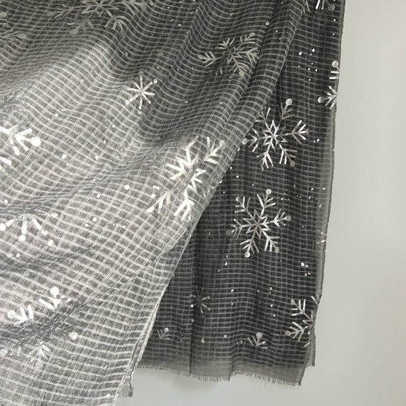 Holiday Festive Sheer Grey Snowflake Scarf - with Silver Snowflake Details - Picture 2 of 3